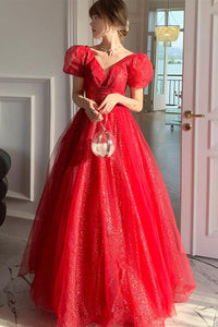 Red Tulle Shiny Short Sleeves Long Prom Dresses, Long Red Tulle Formal Graduation Evening Dresses WT1199