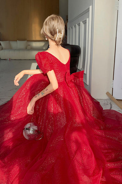 Red Tulle Shiny Short Sleeves Long Prom Dresses, Long Red Tulle Formal Graduation Evening Dresses WT1199
