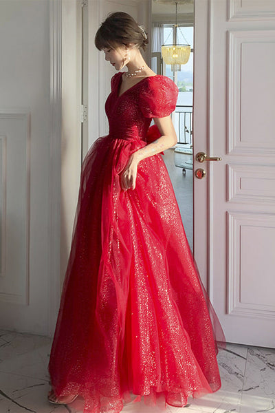Red Tulle Shiny Short Sleeves Long Prom Dresses, Long Red Tulle Formal Graduation Evening Dresses WT1199