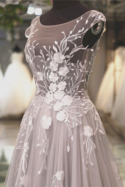 Round Neck Backless Gray Tulle Long Prom Dresses with Appliques, Backless Gray Lace Formal Evening Dresses