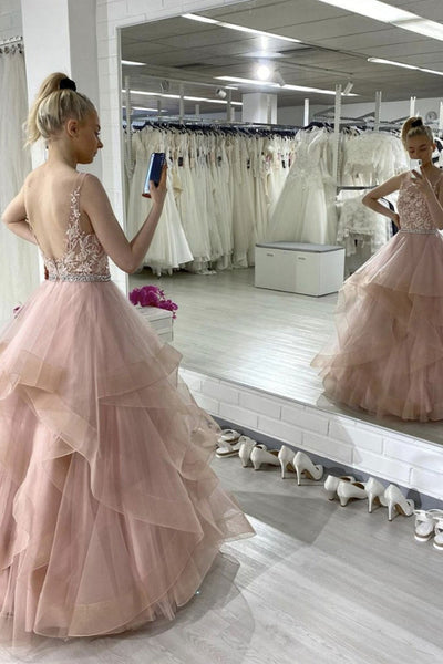 Round Neck Backless Pink Lace Long Prom Dresses, Puffy Pink Lace Formal Dresses, Pink Evening Dresses
