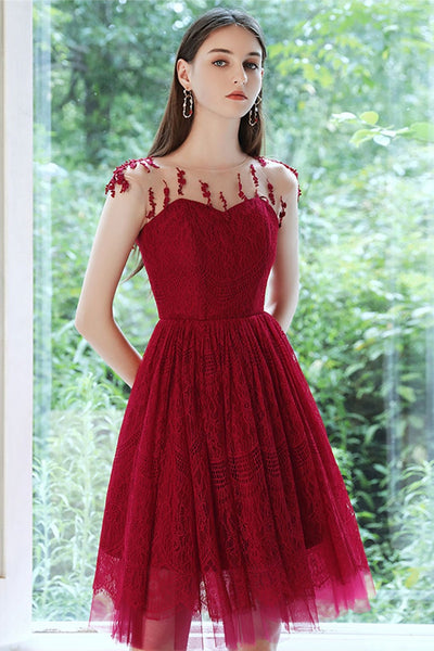 Round Neck Burgundy Lace Short Prom Dresses, Burgundy Lace Homecoming Dresses, Burgundy Formal Evening Dresses
