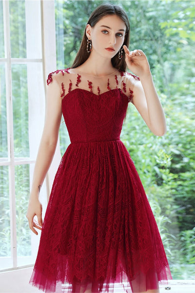 Round Neck Burgundy Lace Short Prom Dresses, Burgundy Lace Homecoming Dresses, Burgundy Formal Evening Dresses