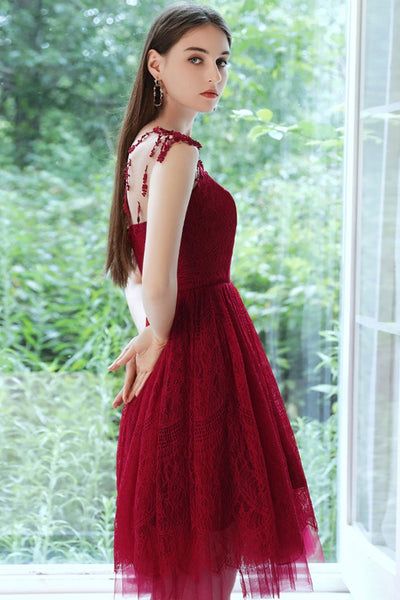 Round Neck Burgundy Lace Short Prom Dresses, Burgundy Lace Homecoming Dresses, Burgundy Formal Evening Dresses