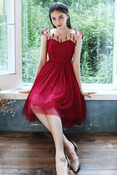 Round Neck Burgundy Lace Short Prom Dresses, Burgundy Lace Homecoming Dresses, Burgundy Formal Evening Dresses