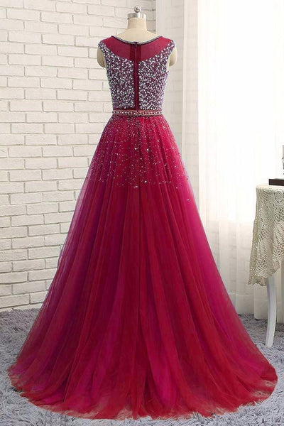 Round Neck Burgundy Tulle Beaded Long Prom Dresses, Burgundy Beaded Formal Dresses, Long Maroon Evening Dresses