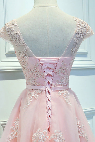 Round Neck Cap Sleeves Pink Lace Short Prom Dresses, Pink Lace Homecoming Dresses, Short Pink Formal Evening Dresses