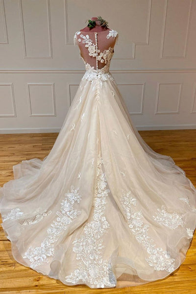 Round Neck Champagne Lace Long Prom Dresses, Champagne Lace Wedding Dresses, Champagne Floral Formal Evening Dresses