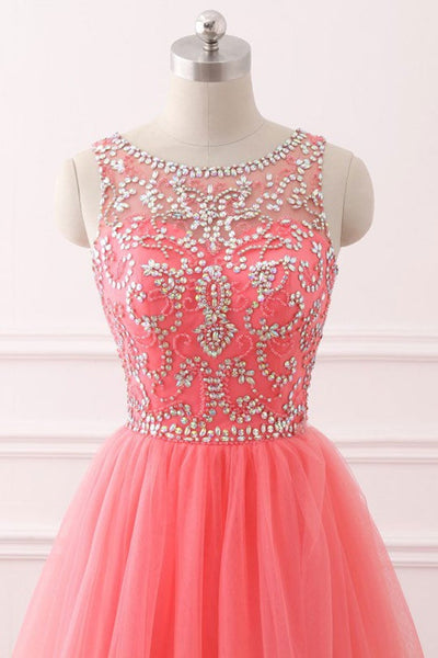 Round Neck Coral Tulle Beaded Long Prom Dresses, Beaded Coral Formal Evening Dresses