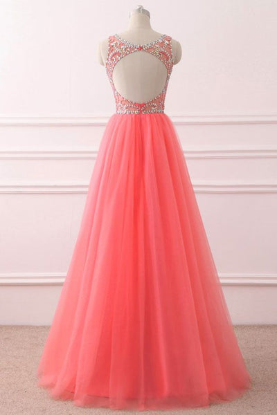 Round Neck Coral Tulle Beaded Long Prom Dresses, Beaded Coral Formal Evening Dresses