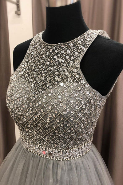 Round Neck Gray Tulle Beaded Long Prom Dresses, Shiny Sequins Gray Formal Dresses, Gray Evening Dresses with Beading