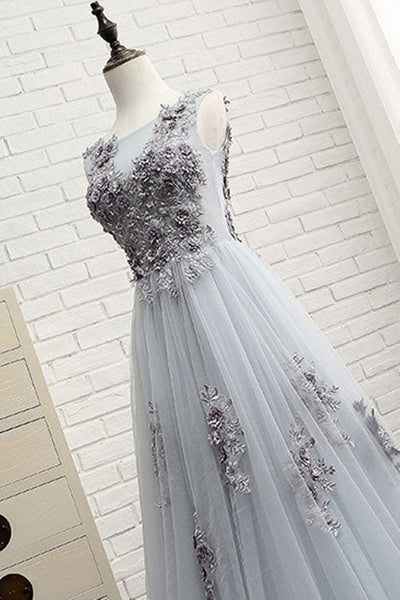 Round Neck Gray Tulle Lace Long Prom Dresses, Gray Formal Dresses with Appliques, Gray Lace Evening Dresses