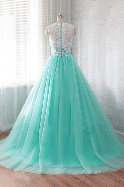 Round Neck Green Tulle Long Prom Dresses with White Lace, Green Lace Formal Dresses, Green Evening Dresses