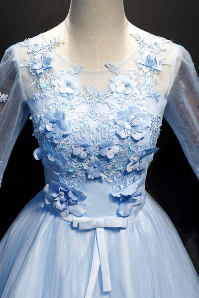 Round Neck Half Sleeves Light Blue Lace Floral long Prom Dresses, Light Blue Lace Formal Evening Dresses with 3D Flowers