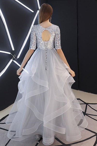 Round Neck Half Sleeves Silver Gray Long Prom Dresses, Silver Gray Sequins Formal Evening Dresses