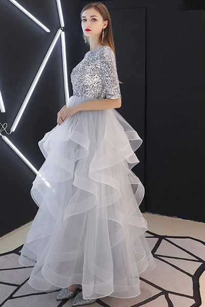 Round Neck Half Sleeves Silver Gray Long Prom Dresses, Silver Gray Sequins Formal Evening Dresses