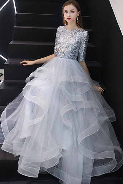 Round Neck Half Sleeves Silver Gray Long Prom Dresses, Silver Gray Sequins Formal Evening Dresses