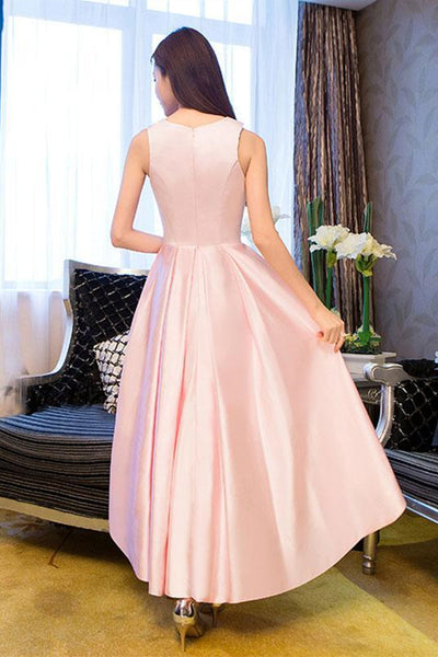 Round Neck High Low Pink Satin Prom Dresses, High Low Pink Formal Graduation Evening Dresses