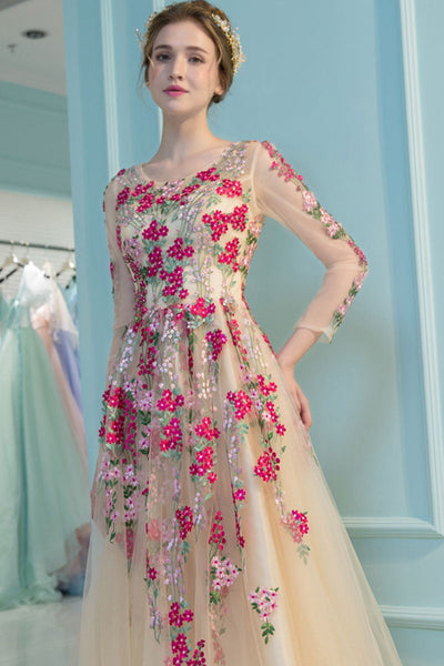 Round Neck Long Sleeve Champagne Tulle Floral Long Prom Dresses, Long Sleeves Champagne Formal Dresses, Champagne Evening Dresses with 3D Flowers