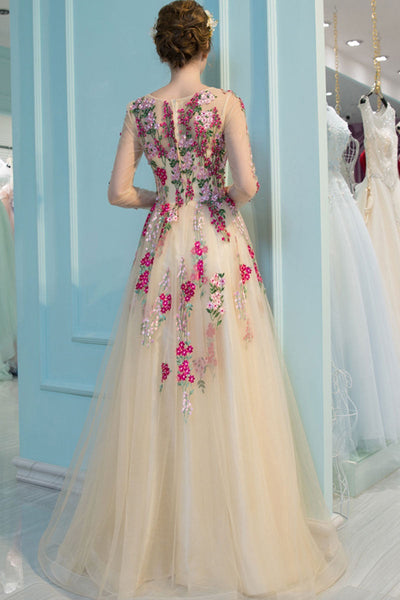 Round Neck Long Sleeve Champagne Tulle Floral Long Prom Dresses, Long Sleeves Champagne Formal Dresses, Champagne Evening Dresses with 3D Flowers