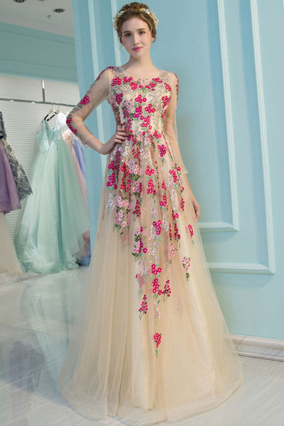 Round Neck Long Sleeve Champagne Tulle Floral Long Prom Dresses, Long Sleeves Champagne Formal Dresses, Champagne Evening Dresses with 3D Flowers