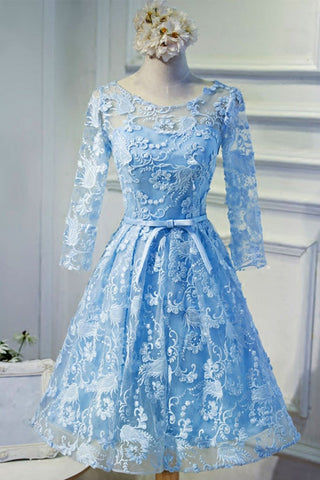 Round Neck Long Sleeves Light Blue Lace Short Prom Homecoming Dresses, Long Sleeve Light Blue Formal Dresses, Light Blue Lace Evening Dresses