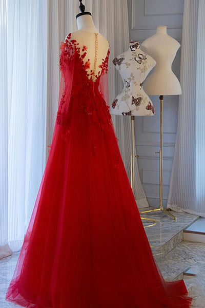 Round Neck Long Sleeves Red Lace Floral Long Prom Dresses, Long Sleeves Red Formal Dresses, Red Lace Evening Dresses