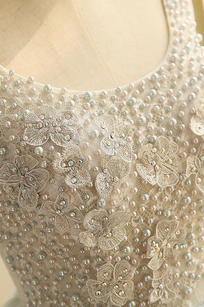 Round Neck Open Back Gray Tulle Beaded Short Prom Homecoming Dresses, Short Gray Formal Evening Dresses with Beadings