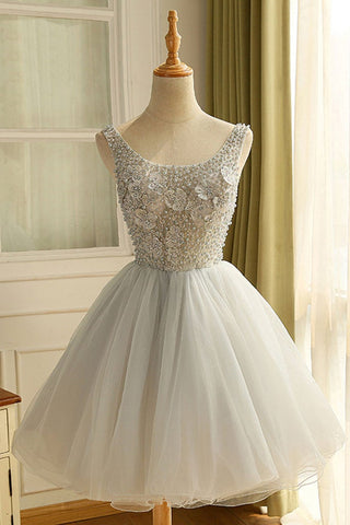 Round Neck Open Back Gray Tulle Beaded Short Prom Homecoming Dresses, Short Gray Formal Evening Dresses with Beadings