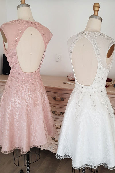 Round Neck Open Back Pink White Lace Beaded Short Prom Dresses, Pink White Lace Homecoming Dresses, Short Pink White Beaded Formal Evening Dresses