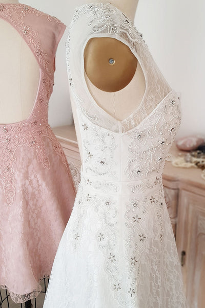 Round Neck Open Back Pink White Lace Beaded Short Prom Dresses, Pink White Lace Homecoming Dresses, Short Pink White Beaded Formal Evening Dresses