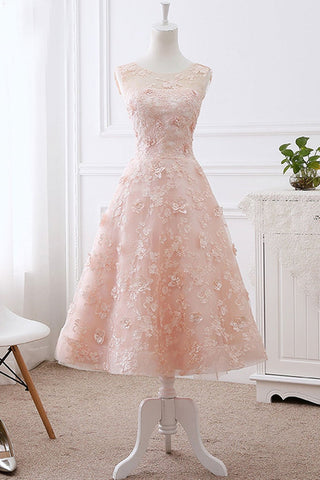 Round Neck Pink Lace Floral Short Prom Homecoming Dresses, Pink Lace Formal Dresses, Pink Evening Dresses with Appliques