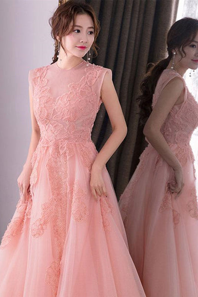 Round Neck Pink Lace Long Prom Dresses, Pink Lace Formal Dresses, Pink Evening Dresses