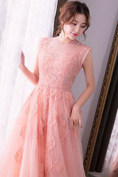 Round Neck Pink Lace Long Prom Dresses, Pink Lace Formal Dresses, Pink Evening Dresses