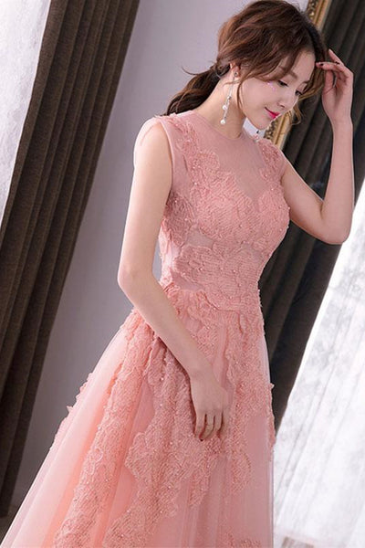 Round Neck Pink Lace Long Prom Dresses, Pink Lace Formal Dresses, Pink Evening Dresses