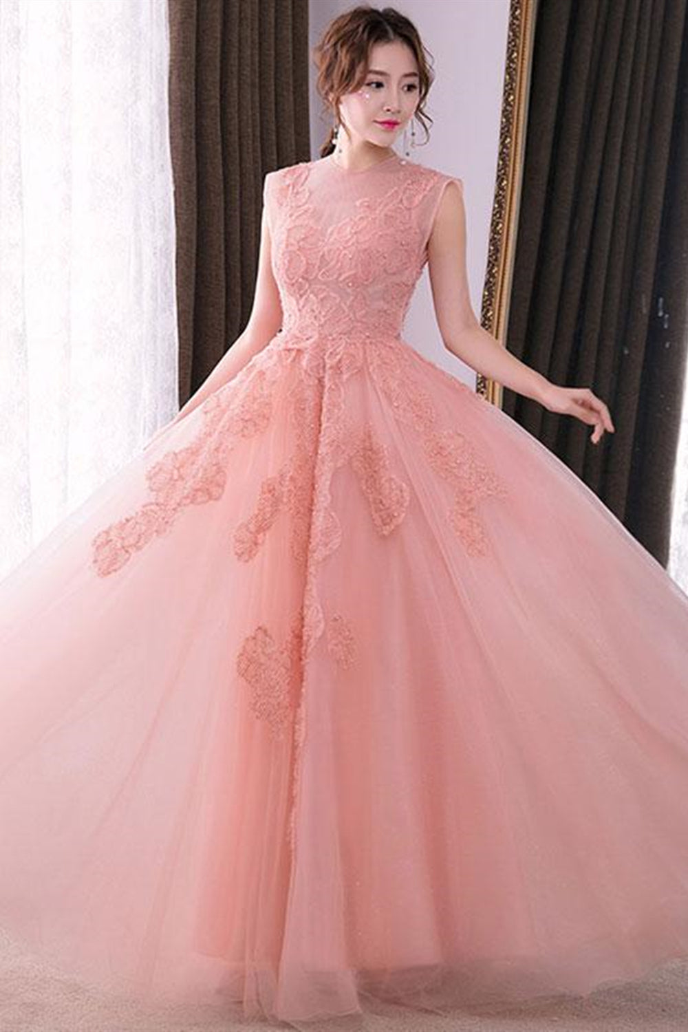 Round Neck Pink Lace Long Prom Dresses, Pink Lace Formal Dresses, Pink Evening Dresses