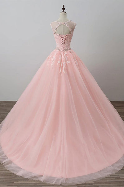 Round Neck Pink Lace Long Prom Dresses with Belt, Pink Lace Formal Dresses, Long Pink Evening Dresses