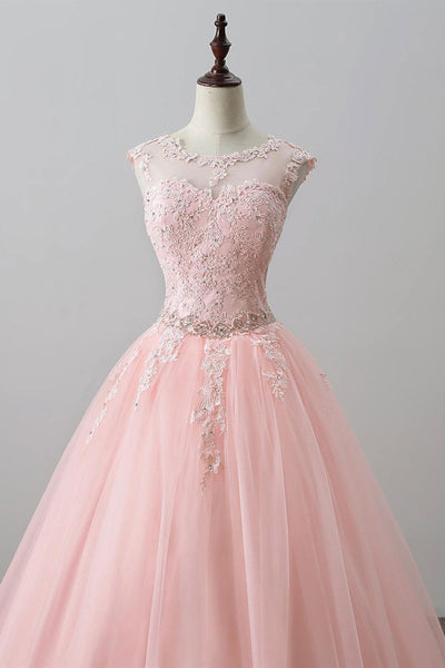 Round Neck Pink Lace Long Prom Dresses with Belt, Pink Lace Formal Dresses, Long Pink Evening Dresses