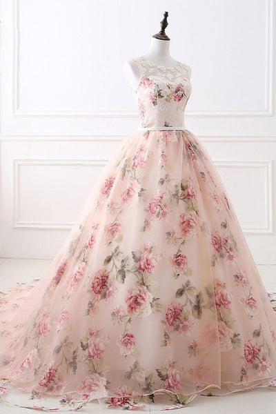 Round Neck Pink Tulle Long Prom Dresses with Lace Appliques, Long Pink Formal Evening Dresses