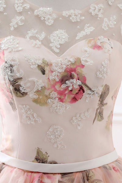 Round Neck Pink Tulle Long Prom Dresses with Lace Appliques, Long Pink Formal Evening Dresses