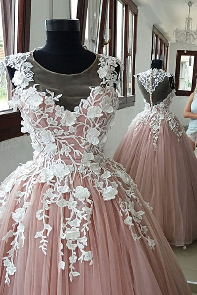 Round Neck Pink Tulle Long Prom Dresses with Lace Appliques, Pink Lace Formal Evening Dresses, Pink Ball Gown