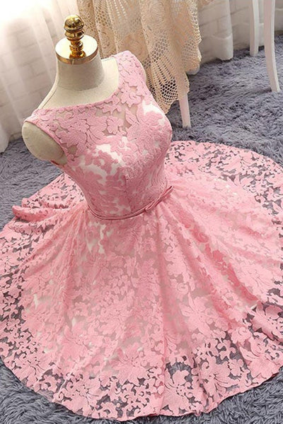 Round Neck Pink/White Lace Short Prom Homecoming Dresses, Pink/White Lace Formal Graduation Evening Dresses