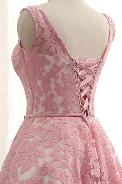 Round Neck Pink/White Lace Short Prom Homecoming Dresses, Pink/White Lace Formal Graduation Evening Dresses