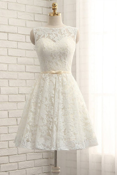 Round Neck Pink/White Lace Short Prom Homecoming Dresses, Pink/White Lace Formal Graduation Evening Dresses