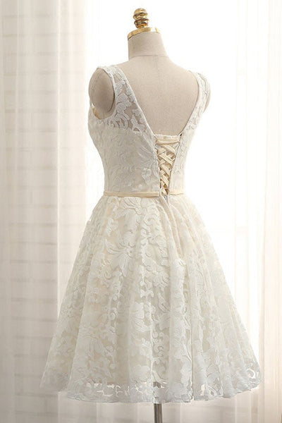 Round Neck Pink/White Lace Short Prom Homecoming Dresses, Pink/White Lace Formal Graduation Evening Dresses
