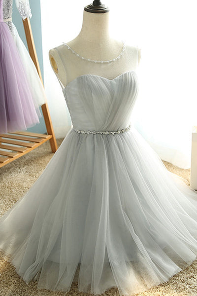 Round Neck Purple/Gray Tulle Short Prom Homecoming Dresses with Belt, Purple/Gray Tulle Formal Graduation Evening Dresses