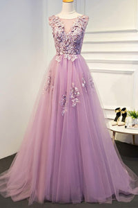 Round Neck Purple Lace Floral Long Prom Dresses, Purple Tulle Formal Dresses, Purple Lace Evening Dresses
