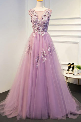 Round Neck Purple Lace Floral Long Prom Dresses, Purple Tulle Formal Dresses, Purple Lace Evening Dresses