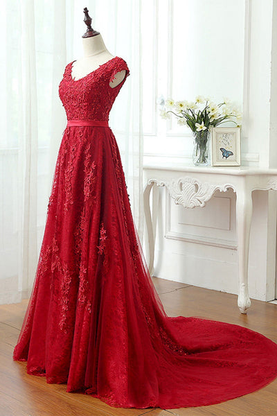 Round Neck Red Lace Long Prom Dresses, Cap Sleeves Red Formal Dresses, Red Lace Evening Dresses