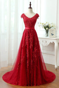 Round Neck Red Lace Long Prom Dresses, Cap Sleeves Red Formal Dresses, Red Lace Evening Dresses